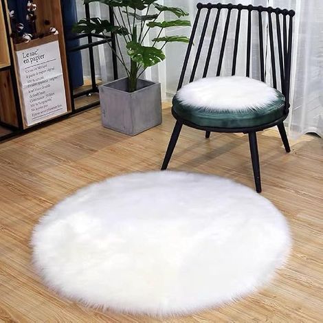 Tapis rond en peluche style européen, imitation laine australienne, blanc, 90 cm, pour la décoration intérieure. (1/4)