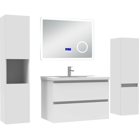 Ocean ensemble meuble 80 cm blanc avec 2 tiroirs à fermeture automatique, lavabo céramique + miroir salle de bain Bluetooth + 2 colonnes, suspendu