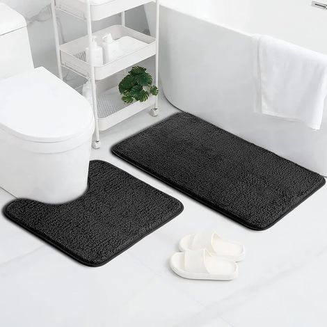 Lot de 2 Tapis de bain, Microfibre, Antidérapant, Absorbant, Douche et WC, Noir