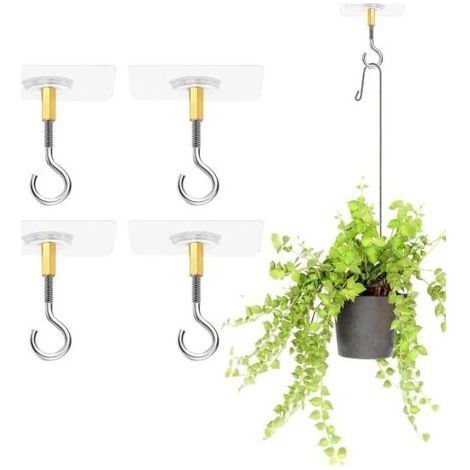 4 Pieces No Drill Self-Adhesive Ceiling Hooks, Transparent for Hanging Plants with Stainless Steel Hooks, Adhesive (1/5)