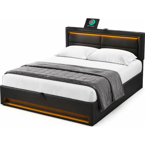 Lit coffre 140x190 cm en PU noir, avec rangement et LED pour chambre, sans matelas - FLORAGRACE (1/5)