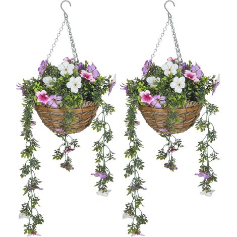 Set of 2 Artificial Silk Azalea Flowers, Hanging Planters with Basket, Faux Plants for Home Indoor Outdoor Decor, Pink White (1/5)