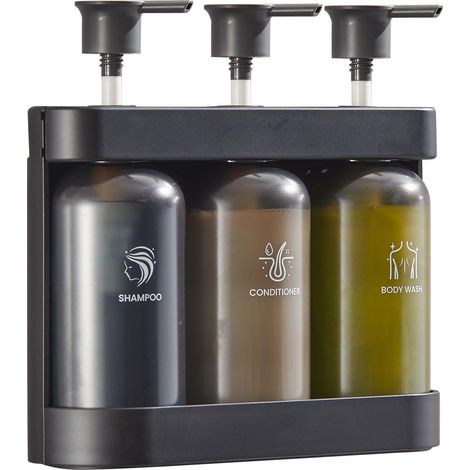 Distributeur de savon mural pour douche, 3 compartiments, shampoing, après-shampoing et gel douche, 380 ml par flacon, gris foncé, pour salle de bain et hôtel. (1/5)