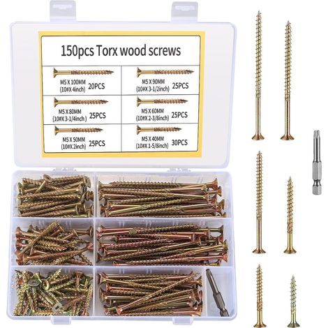 150 Pcs vis pour bois terrasse, vis agglomérées avec embout Torx, vis à tête fraisée à tête plate autotaraudeuses pour charpentes, M5 (Couleur zinc) (1/5)