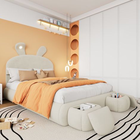 Lit double 140 x 200 cm avec éclairage led ajustable, rangements sous le lit et poufs, en velours beige, design oreilles de lapin (1/5)