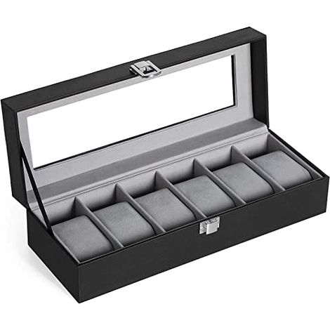 SONGMICS Porta Orologi a 6 Posti, Scatola Portaorologi, Coperchio in Vetro, Cuscini Rimovibili, Chiusura in Metallo, Idea Regalo, Superficie in PU Nera, Interno Grigio Verdastro (1/5)
