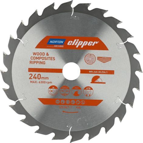 Sega circolare Norton 240 mm (3.0 / 2.0), taglio trasversale e taglio liscio per legno e materiali compositi, 24 denti, metallo duro e acciaio, 9500 giri/min, diametro 30 mm, sega da banco de