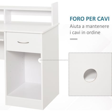Bureau blanc en bois compact 104x48x95.5cm, avec tablette coulissante pour clavier et étagères de rangement pour ordinateur de bureau. (1/5)