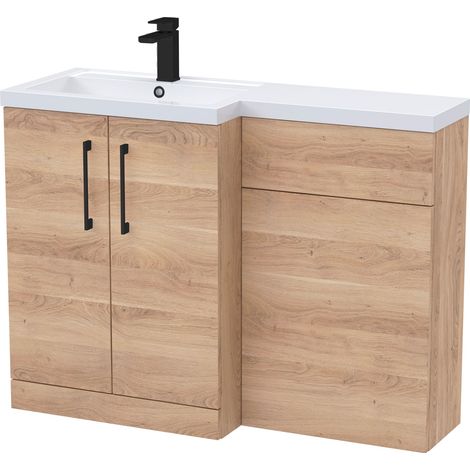 Balterley Left-Hand Bathroom Vanity and WC Unit Combination with Basin - 1100mm - Woodgrain Light Oak with Black Handles (1/5)
