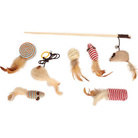 Jouets pour Chat Linen Interactive Set Plume et Souris en Lin et Peluche Bâton 40cm Lot de 6 Accessoires Amusants et Durables (1/5)