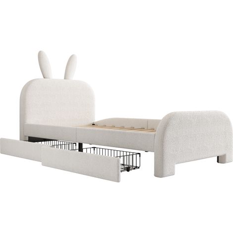 Letto con Cassetti 90×200 cm, Letto Singolo con 2 Cassetti e Testiera Imbottita, senza Materasso, Bianco (1/5)