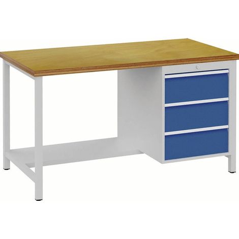 Établi l.1500xP750xH859 mm hêtre Multiplex gris clair, RAL 7035 bleu séc., RAL 5005 3 tiroirs