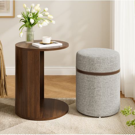 Mesa auxiliar redonda 2 en 1 con puf, MDF y pino, color nogal, 38 x 38 x 47,5 cm (1/5)