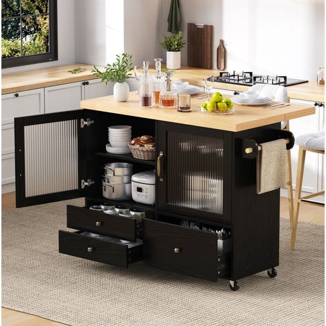 Isola da cucina mobile con piano estensibile, vani contenitore e portabicchieri, nera DESVIAE (1/5)