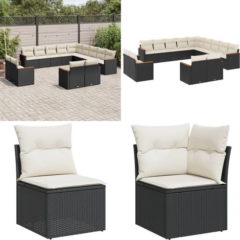 Salon de jardin avec coussins 13 pcs noir résine tressée - Ensemble Salon De Jardin - Mobilier Extérieur - Meubles De Jardin - Salon De Jardin Design - Chaise Longue - Home & Living (1/5)