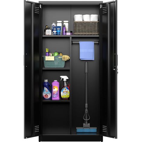 Armoire à balais, avec ventilation et fermeture magnétique, multifonction, armoire en acier solide pour aspirateur, produits de nettoyage, linge et accessoires ménagers, 70 x 30 x 165 cm, noire