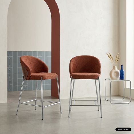 sweeek - Lot de 2 tabourets de bar bois de peuplier teinté noyer. acier chromé et tissu texturé terracotta - Paul (1/5)