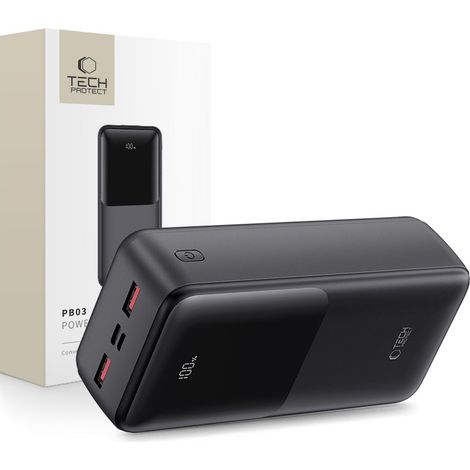 Batería externa TECH-PROTECT PB03 de 30000 mAh y 22,5 W, color negro.