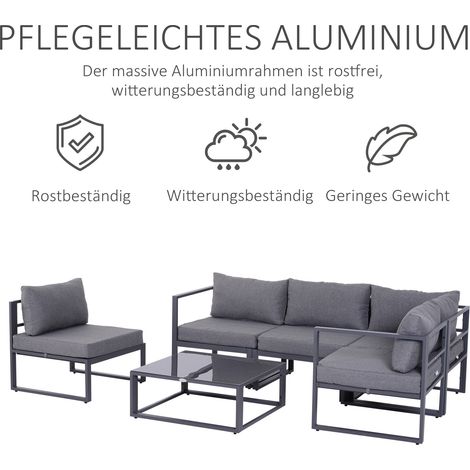 Set de jardin 4 fauteuils + 1 canapé d'angle + 1 table d'appoint, ensemble salon extérieur en aluminium gris, polyester et verre trempé, coussins inclus pour 4-5 personnes (1/5)