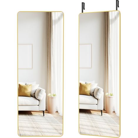 Miroir Intégral Suspendu, 120 x 40 cm, Miroir Rectangulaire, Cadre en Alliage d'Aluminium, Verre Trempé, pour Chambre, Salon, Dressing, Doré Clair (1/5)
