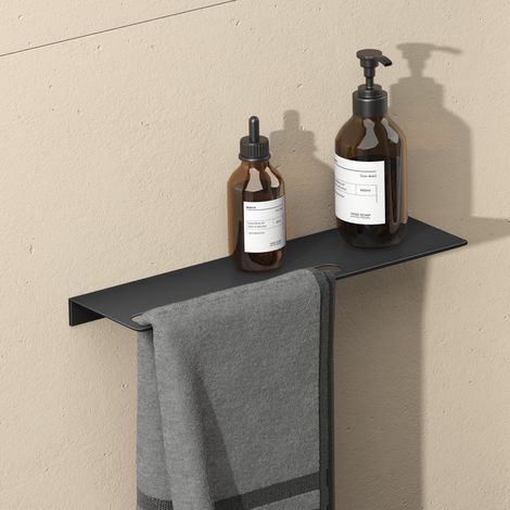 doporro Estante con Toallero Integrado de Aluminio Negro Mate, 32×125×400 mm, Acabado con Recubrimiento en Polvo, Instalación con Taladro o Adhesivo, Reglo-06
