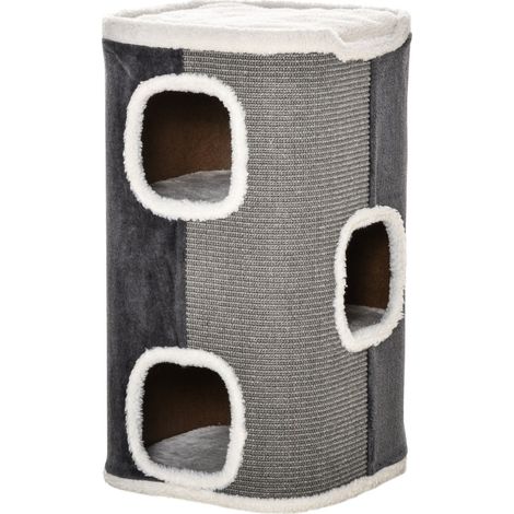 Rascador tipo torre para gatos de 3 niveles con sisal y poliéster gris y blanco 40x40x74 cm HOMVRA (1/5)