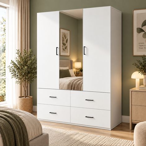 Armoire penderie de chambre blanche en bois – 2 portes avec miroir central pleine hauteur – 4 grands tiroirs – 2 penderies – 130 x 51,8 x 181,5 cm (1/5)