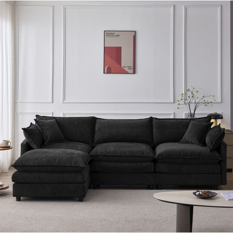 OKWISH Modulares 3-Sitzer-Ecksofa mit Recamiere und Hocker, Chenille Schwarz, 267x154x85 cm (1/5)