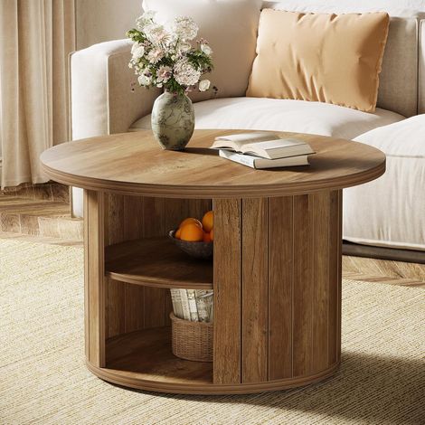 Tribesigns Table Basse Ronde, Table de Salon Circulaire à 2 Niveaux, Petite Table Basse Bois de 80 cm Style Industriel pour Salon, Brun Rustique (1/5)