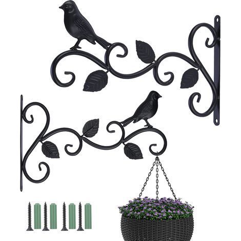 Lot de 2 supports de panier à suspendre pour extérieur, 30,5 cm, crochets décoratifs en métal pour plantes suspendues, mangeoires à oiseaux, lanternes (3 feuilles), Noir, 30cm L x 19cm H (1/5)