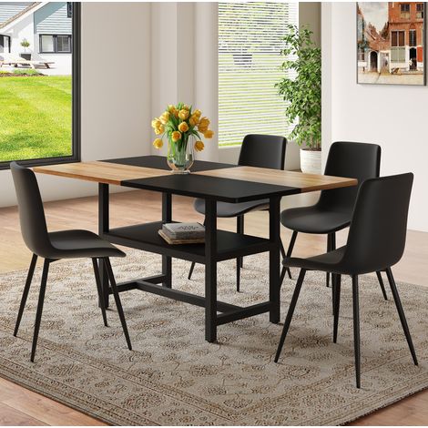 Conjunto de mesa de comedor 160x90x76 cm MDF y metal negro, con almacenaje, cocina FloraGrace (1/5)