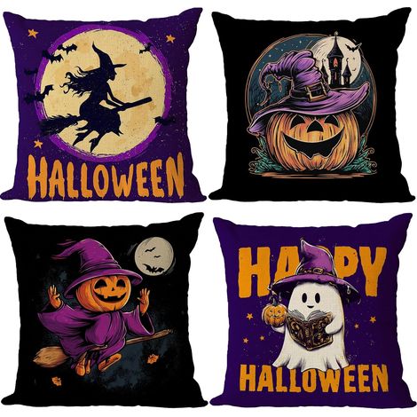Juego de 4 fundas de almohada de Halloween, de 45x45 cm, decoradas con motivos de brujas, fantasmas y calabazas, hechas de poliéster. (1/5)