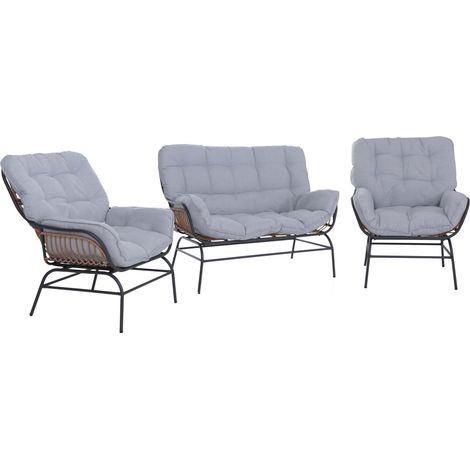[NEUWERTIG] Lounge-Set HHG-736, Gartengarnitur Sofa Sitzgruppe, Stoff 220g/m² Poly-Rattan Metall dunkelgrau, Polster hellgrau
