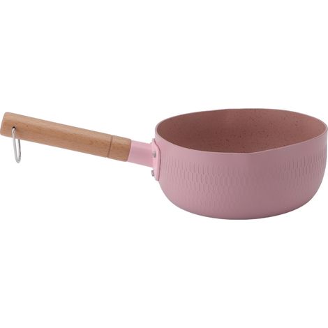 Lattiera con manico in legno, realizzata in lega di alluminio, pentola multifunzionale a fondo piatto per noodles, per uso domestico e professionale, colore rosa, senza coperchio. (1/5)