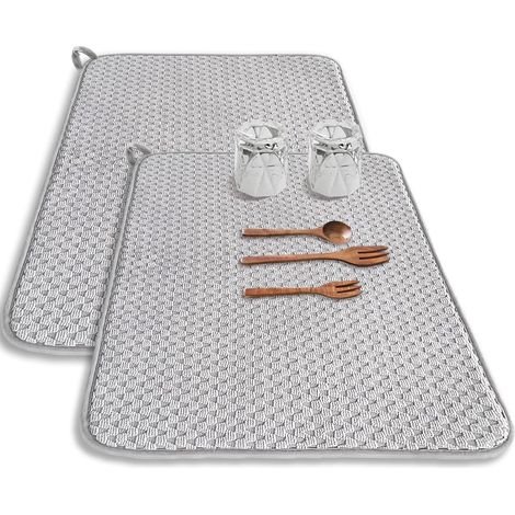 2er-Pack Abtropfmatte aus Mikrofaser, 60 x 45 cm, saugfähiges Abtropfgestell für die Küchentheke, großes Abtropfpad für Arbeitsplatten, Spülbecken, Abtropfgestelle (grau)