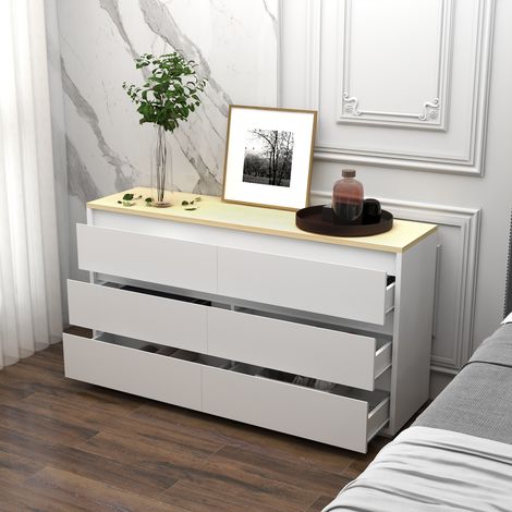 Cómoda de 6 cajones en aglomerado blanco para dormitorio, estudio y sala de estar, 140x37x75cm (1/5)