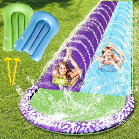 Toboggan aquatique double de 480 cm (15,7 pi) pour pelouse, avec 2 planches gonflables, jeu de jardin avec arroseur pour enfants et adultes, pour s'amuser dans le jardin en été et en plein air (B) (1/5)