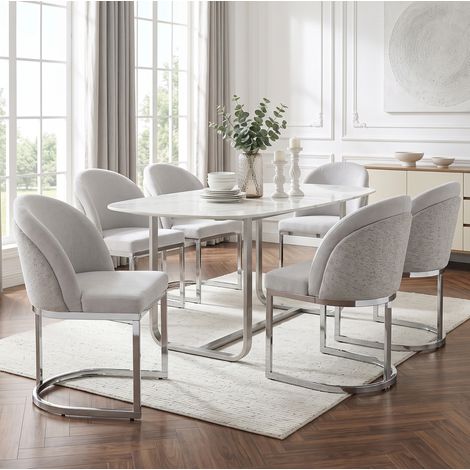 6 sedie da pranzo moderne in ciniglia grigio chiaro e argento con gambe metalliche zincate (1/5)