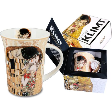 Tazza in porcellana con motivo "Bacio di Gustav Klimt" e stampa color crema, regalo perfetto per lei. (1/5)