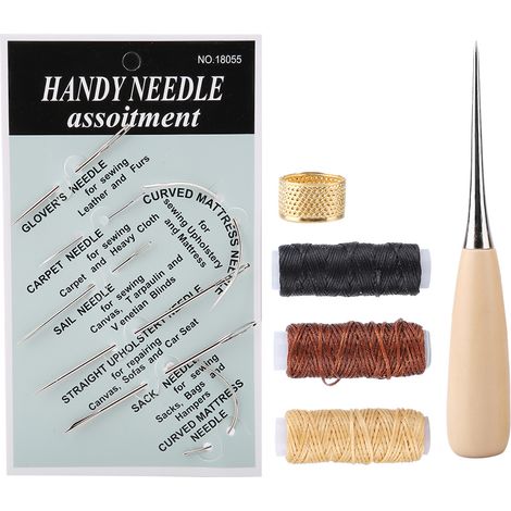 Kit d'outils de couture à la main pour le travail du cuir : aiguille, fil, dé à coudre, poinçon (1/5)