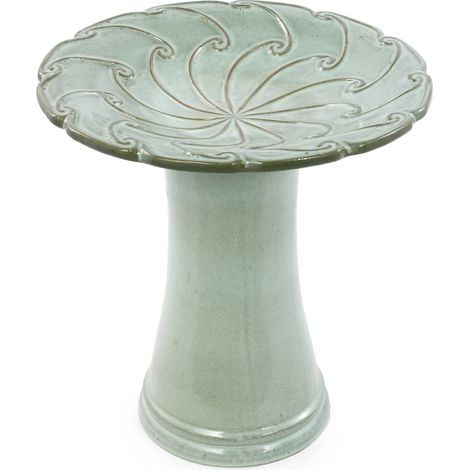 Bain d'oiseaux en céramique artisanale (Ø 43 cm, hauteur 45 cm), vert clair brillant avec motif tourbillonnant en relief sur la vasque, résistant aux intempéries et au gel, pour jardin, terrasse et ba (1/4)
