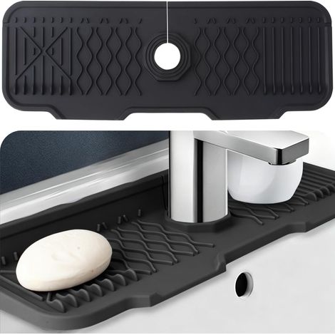 Tapis silicone robinet 43cm noir anti-projections séchage comptoir cuisine salle de bain (1/5)