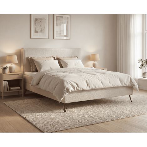 Emporius Lit continental 140x200 Sofia Box, lit bouclé avec matelas, rangement - Beige (1/5)