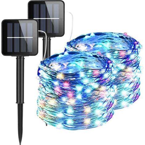 2 installations solaires, PVC/cuivre, 100 LED, 12 m, 8 modes d'éclairage, multicolore
