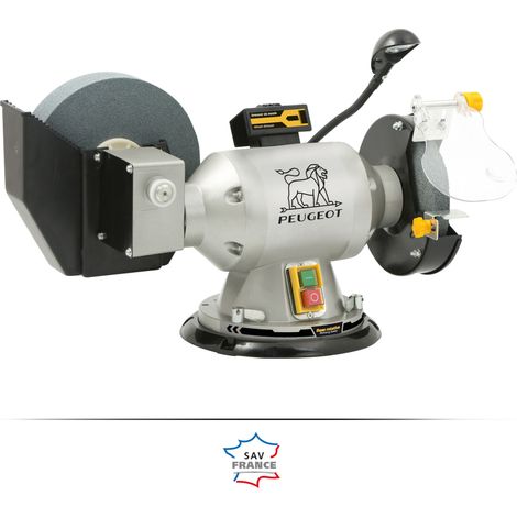 Peugeot – Touret à meuler 350W – Meule sèche 150mm et meule à eau 200mm – Vitesse 2950 tr/min – Base pivotante 180° pour pièces encombrantes