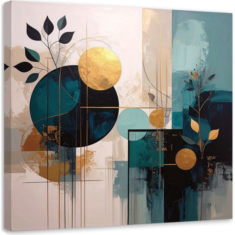 Tableau Moderne, Abstraction cercles et feuilles turquoise et beige,40x40