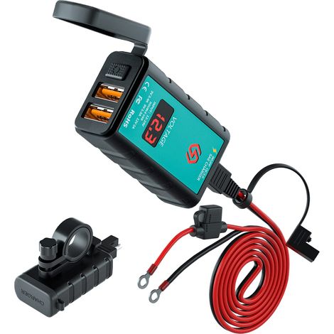Dual USB Prise Moto, IP66 Étanche 3.0 Charge Rapide USB avec Voltmètre 6-30V + on/Off + 1.4m SAE vers Connecteur Torique avec Fusible 10A, Chargeur de Voiture pour Bateau SUV 12V/24V (1/5)