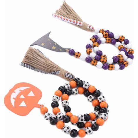 Lot de 2 guirlandes de perles en bois pour Halloween, style champêtre, classiques, inodores, confortables et durables, à faire soi-même. Idéales pour décorer un arbre, un mur ou une fenêtre. (1/5)