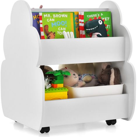 Libreria per bambini a 2 livelli con ruote aspetto adorabile e angoli arrotondati, Libreria bimbi spaziosa Bianco (1/4)