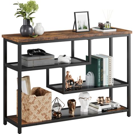 Hoerfuriy – Table console 4 niveaux en bois marron vintage – Dimensions 110 x 30 x 75 cm – Panneau de particules et verre trempé – Charge max 50 kg (1/5)
